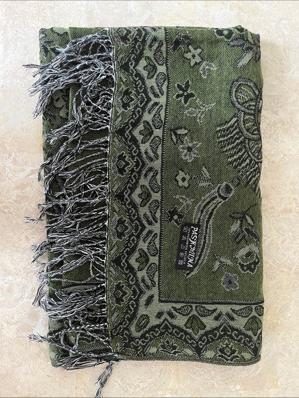 pashmina Green and Black Paisley Fringed Wrap Scarf